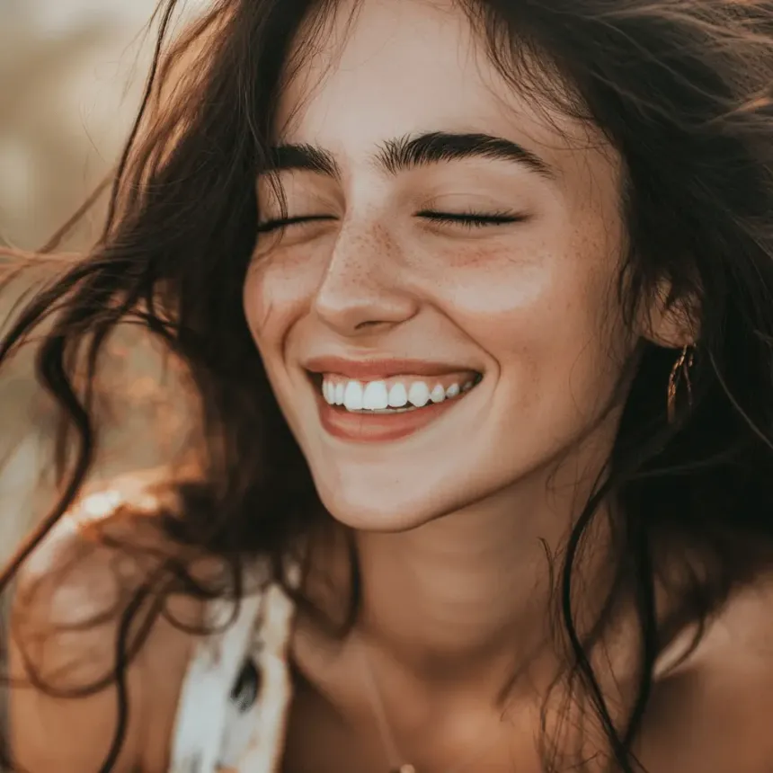 Woman with a bright white smile after professional teeth whitening